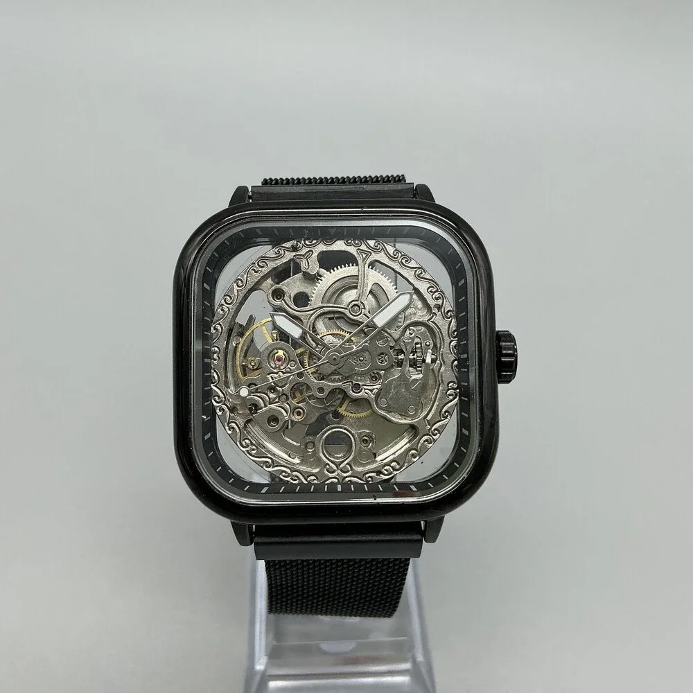 Mens Watch 41mm Square Skeleton Dial Black Mesh Automatic Stainless Steel